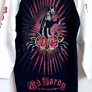 Vintage Ed Hardy Rhinestone Panther Tiger Raglan Shirt Womens XL Black Y2K 90s